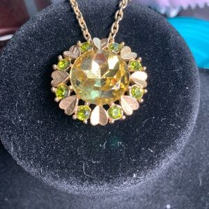Avon Gold-Tone Yellow and Green Crystal Floral Pendant Necklace